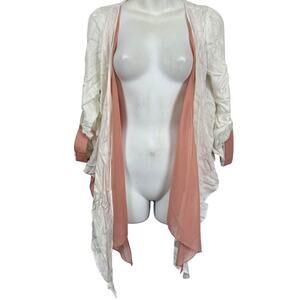 Laurie Solet LS Womens White Pink Open Boho Jacket Lightweight Roll Tab Sleeve M